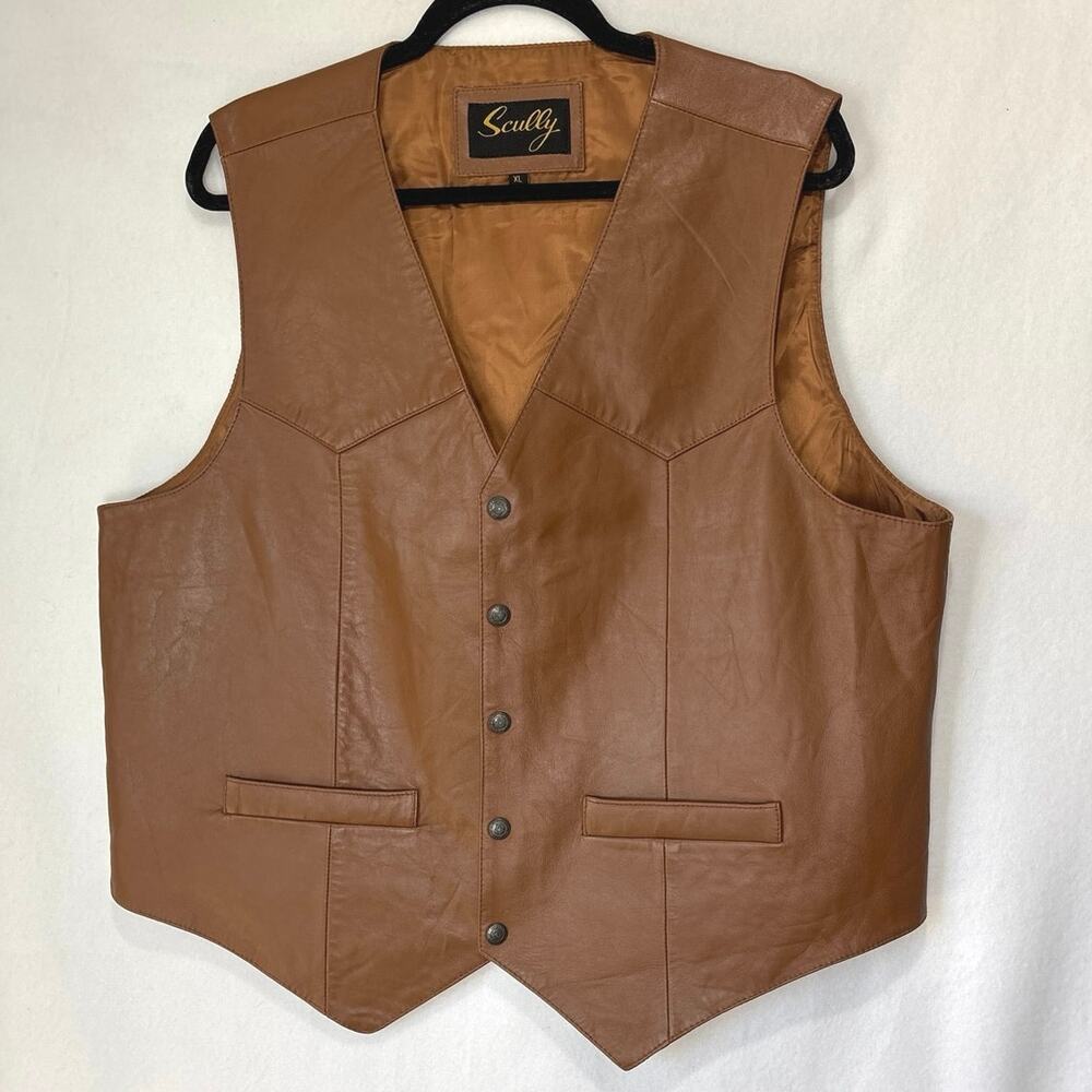 Scully Vest Mens XL Saddle Brown Leather Vintage Snap Down Western Cowboy